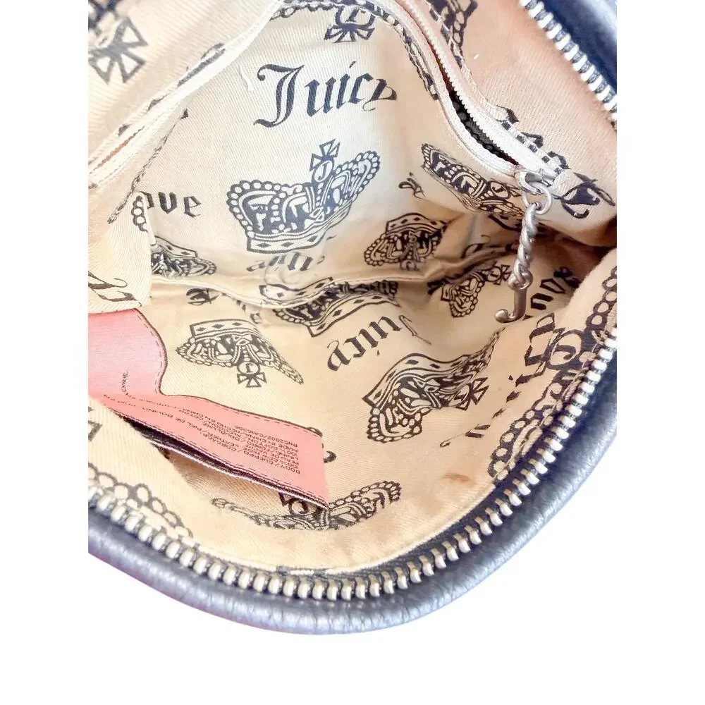 Vintage Y2K Juicy Couture USA Made Black Leather baguette Hobo Bag Heart Charm